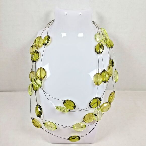 Multi-Strand Green Beaded Statement Necklace Layered Fashion Jewelry 16" - 19" - Picture 2 of 10